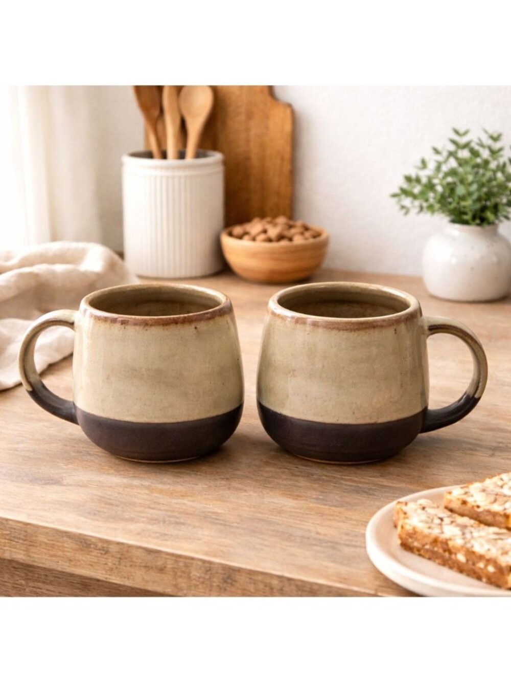 Handcrafted Ceramic Coffee Mug Set Signed Rustic Two Tone Glaze 10oz Artisan Cup